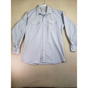 VTG Hoofs Shirt Mens Large Blue Striped Long Sleeve Button Up Collar Pearl Snap